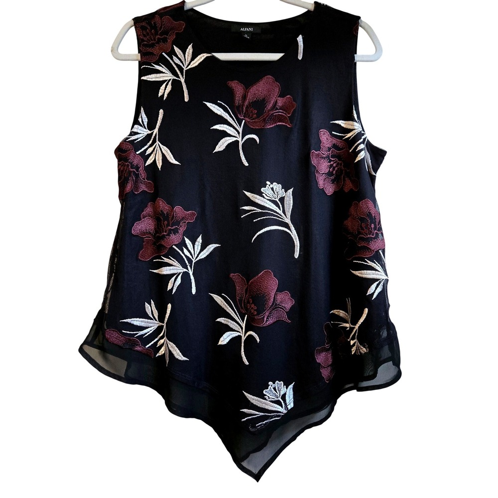 Alfani Womens Petite Large Black Floral Embroidered Mesh Sharkbite Hem Blouse PL